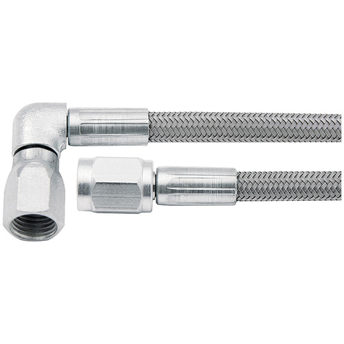 AN Hose Assembly - 28 in Long - 3 AN Hose - 3 AN Straight Female to 3 AN 90 Degree Female - Braided Stainless - PTFE Lined - Each