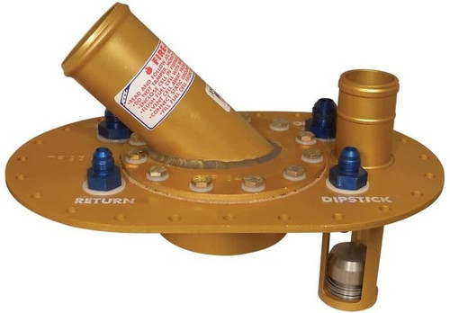Fuel Cell Filler Plate - Remote Fill - 45 Degree 2-1/4 in OD Neck - Flat Mount - 12-Bolt Flange - 8 AN Pickup - 6 AN Return - Aluminum - Gold Anodized - Kit Fuel Cell Filler Plate - Remote Fill - 45 Degree 2-1/4 in OD Neck - Flat Mount - 12-Bolt Flange - 8 AN Pickup - 6 AN Return - Aluminum - Gold Anodized - Kit