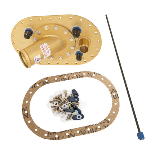 Fuel Cell Filler Plate - Remote Fill - 45 Degree 2-1/4 in OD Neck - Flat Mount - 12-Bolt Flange - Flapper - Aluminum - Gold Anodized - Kit