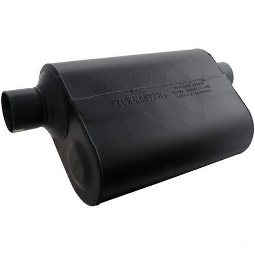 Muffler - Super 40 Series - 2.5 in Offset Inlet - 2.5 in Offset Outlet - 13.5 x 10 x 5 in Oval Body - 19.5 in Long - Steel - Black Paint - Universal - Each Muffler - Super 40 Series - 2.5 in Offset Inlet - 2.5 in Offset Outlet - 13.5 x 10 x 5 in Oval Body - 19.5 in Long - Steel - Black Paint - Universal - Each
