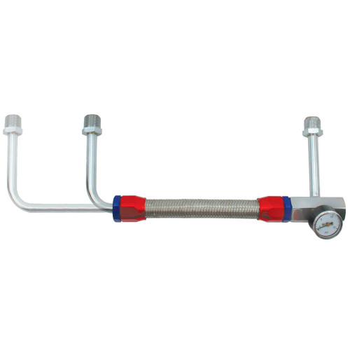 Carburetor Fuel Line - 3/8 in NPT Female Inlet - 5/8-18 in Dual Outlets - Pressure Gauge - Braided Stainless - Blue / Red / Silver - Holley Carbs - Kit Carburetor Fuel Line - 3/8 in NPT Female Inlet - 5/8-18 in Dual Outlets - Pressure Gauge - Braided Stainless - Blue / Red / Silver - Holley Carbs - Kit