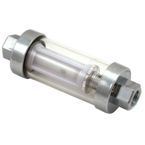 Fuel Filter - In-Line - Nylon Element - 3/8 in NPT Inlet - 3/8 in NPT Outlet - Aluminum / Glass - Chrome - Each