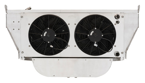 Radiator and Fan - 22 in W x 17 in H x 2.688 in D - Dual Fans - Passenger Side Inlet - Passenger Side Outlet - A/C Condenser / Radiator Support - Aluminum - Polished - GM LS-Series - Chevy Fullsize Car 1957 - Kit