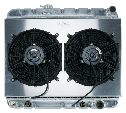 Radiator and Fan - 25.75 in W x 23.5 in H x 3 in D - Passenger Side Inlet - Passenger Side Outlet - Aluminum - Polished - GM A-Body 1964-65 - Kit