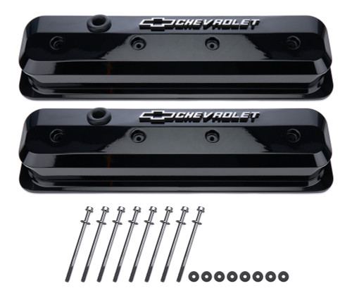 Valve Cover - Slant-Edge - Tall - Baffled - Breather Hole - Raised Milled Chevrolet Logo - Aluminum - Black Powder Coat - Small Block Chevy - Pair