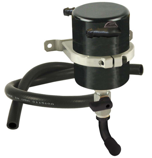 Air-Oil Separator - 3.475 in Diameter - 8 in Tall - 3/8 in NPT Female Inlet - 3/8 in NPT Female Outlet - Ball Valve / Fittings / Hose Included - Aluminum - Black Anodized - Universal - Kit