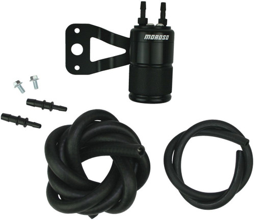 Air-Oil Separator - 2.25 in Diameter - 3.63 in Tall - 3/8 in Hose Barb Inlet - 3/8 in Hose Barb Outlet - Screw-On Canister / Fittings / Hose Included - Aluminum - Black Anodized - Harley Davidson Twin Cam Sportster - Kit