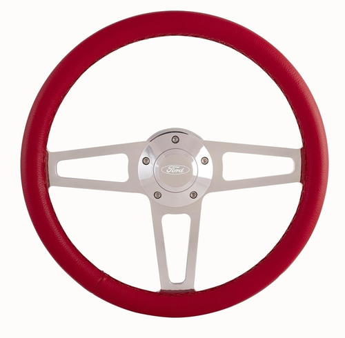 Steering Wheel - T Series - 13.75 in Diameter - Flat - 3-Spoke - Red Leather Grip - Ford Oval Logo - Aluminum - Polished - Ford Fullsize SUV / Truck / Van 1965-77 - Each