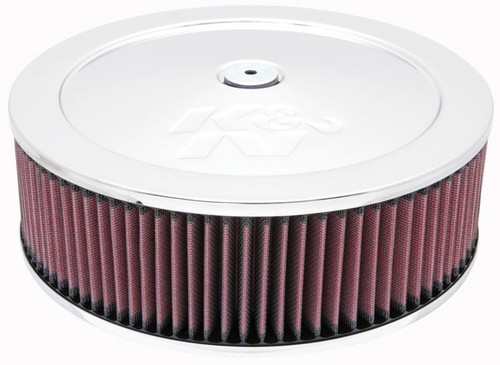 Air Cleaner Assembly - Custom - 14 in Round - 4.5 in Tall - 7-5/16 in Carb Flange - Raised Base - K&N Logo - Steel - Chrome - Kit