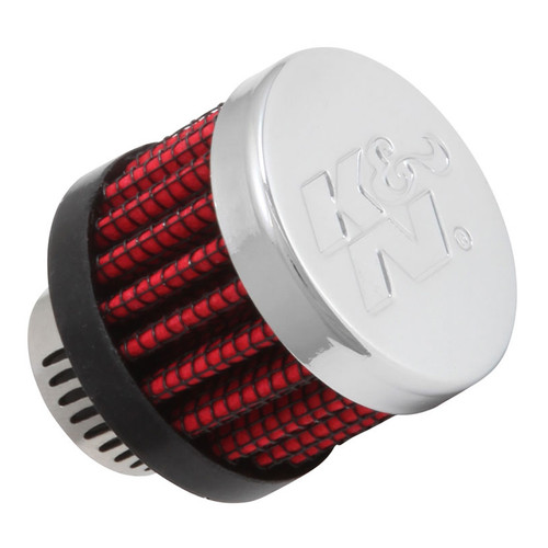 Breather - Clamp-On - Round - 9/16 in OD Tube - Half Shielded - Reusable - K&N Logo - Rubber / Steel - Black / Chrome - Each