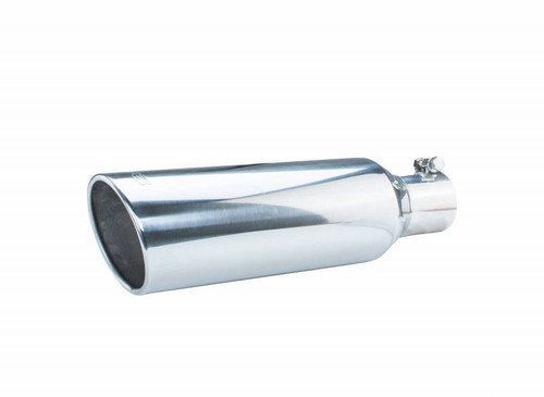 Exhaust Tip - Clamp-On - 3 in Inlet - 5 in Round Outlet - 18 in Long - Single Wall - Rolled Edge - Angled Cut - Stainless - Polished - Each