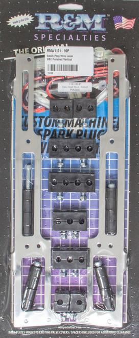 Spark Plug Wire Loom - Valve Cover Mount - 7-9 mm - Vertical - Polished Bracket Included - Plastic - Black - Clamp Style - Small Block Chevy - Kit