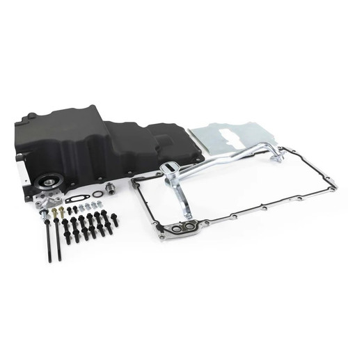 Engine Oil Pan - Low-Profile Retro-Fit - Rear Sump - 5.5 qt - 5.89 in Deep - Aluminum - Black Powder - GM LS-Series - Kit