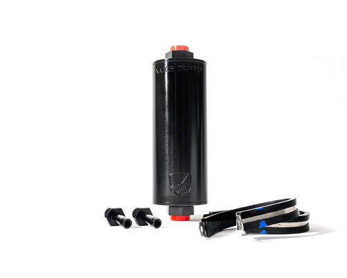 Charcoal Canister - Shop48 Vapor Trapper - 6 in Long - 6 AN Female O-Ring Inlet - 6 AN Female O-Ring Outlet - Fittings / Mounting Bracket Included - Aluminum - Black Anodized - Kit