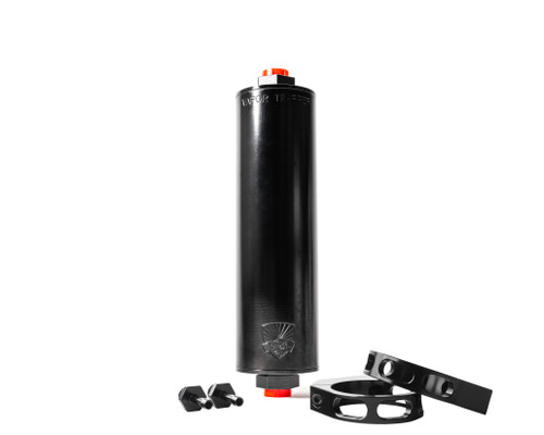Charcoal Canister - Shop48 Vapor Trapper - 8 in Long - 6 AN Female O-Ring Inlet - 6 AN Female O-Ring Outlet - Fittings / Premium Mounting Bracket Included - Aluminum - Black Anodized - Kit