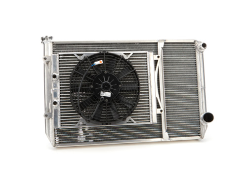 Radiator and Fan - 28.875 in W x 18 in H x 2 in D - Dual Pass - Passenger Side Inlet - Passenger Side Outlet - Aluminum - Natural - Kit