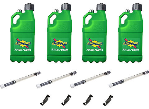 Utility Jug - Motorsports - 5 gal - 9.5 x 9.5 x 23 in tall - O-Ring Seal Cap - Screw-On Vent - Filler Hose / Hose Bender Included - Square - Plastic - Green - Kit