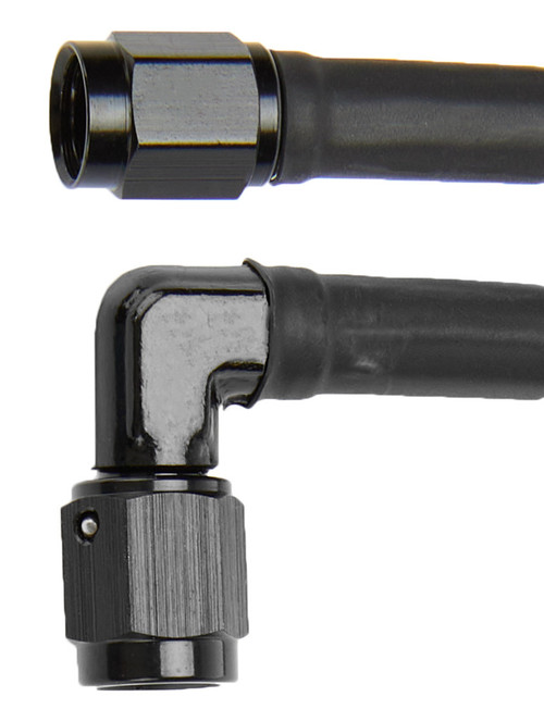 AN Hose Assembly - 6 in Long - 3 AN Hose - 3 AN Straight Female to 3 AN 90 Degree Female - Braided Stainless - Black Vinyl Coated - PTFE Lined - Each