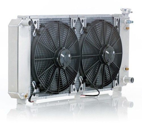 Radiator and Fan - Factory-Fit - 35 in W x 21 in H - Dual Fans - Driver Side Inlet - Passenger Side Outlet - Aluminum - Natural - GM Fullsize Truck 1973-87 - Kit