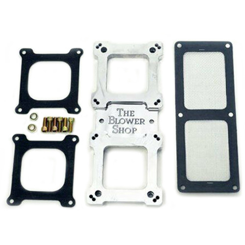 Supercharger Carburetor Adapter - 8-5/8 in Center to Center - Screen Inlet Gasket / 2 Carb Gaskets / Hardware - Aluminum - Polished - Each