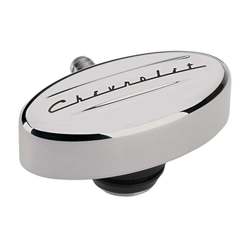 Breather - Push-In - Oval - 1-1/4 in Hole - PCV - 3/8 in Hose Evacuation Fitting - Chevrolet Logo - Aluminum - Polished - Each