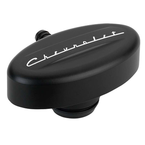 Breather - Push-In - Oval - 1-1/4 in Hole - PCV - 3/8 in Hose Evacuation Fitting - Chevrolet Logo - Aluminum - Black Anodized - Each