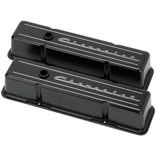 Valve Cover - Tall - Ball Milled - Baffled - Breather Hole - Grommets - Chevrolet Logo - Aluminum - Black Powder Coat - Small Block Chevy - Pair
