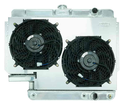 Radiator and Fan - 28.75 in W x 23 in H x 3 in D - Dual Fans - Passenger Side Inlet - Passenger Side Outlet - Steering Box Cut-Out - Aluminum - Polished - GM B-Body 1961-65 - Kit