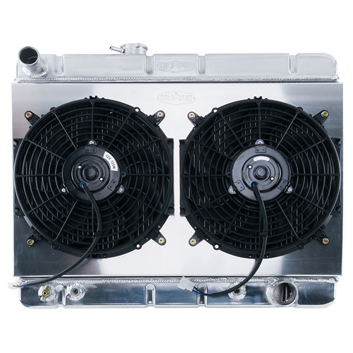 Radiator and Fan - 25.5 in W x 21.875 in H x 3 in D - Dual Fans - Driver Side Inlet - Passenger Side Outlet - With Air Conditioning - Aluminum - Polished - Automatic - GM A-Body 1966-67 - Kit