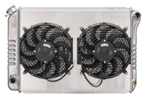 Radiator and Fan - 30.175 in W x 19.7 in H x 6.75 in D - Dual Fans - Passenger Side Inlet - Driver Side Outlet - Aluminum - Polished - Ford Coyote - Ford Mustang 1979-93 - Each