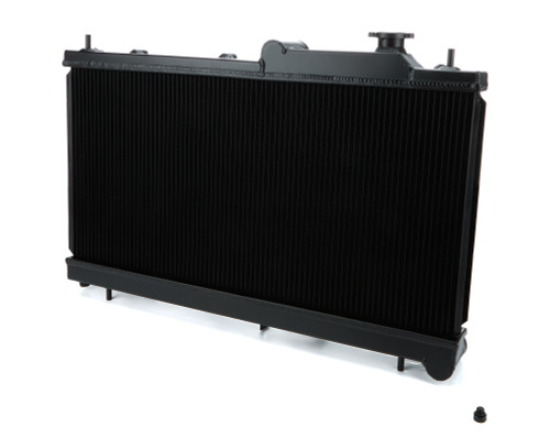 Radiator - 27.125 in W x 13.375 in H x 1.625 in D - Single Pass - Top Center Inlet - Driver Side Outlet - Aluminum - Black Powder Coat - Subaru WRX or STI 2008-21 - Each