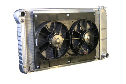 Radiator and Fan - Pro-Series - 33 in W x 18.5 in H x 6.75 in D - Dual Fans - Driver Side Inlet - Passenger Side Outlet - Manual Transmission - Aluminum - Natural - GM A-Body 1968-72 - Kit