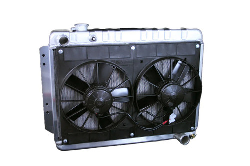 Radiator and Fan - Pro-Series - 25.5 in W x 20 in H x 6.75 in D - Dual Fans - Driver Side Inlet - Passenger Side Outlet - Manual Transmission - Aluminum - Natural - GM B-Body 1959-64 - Kit