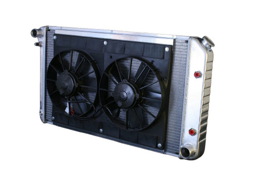 Radiator and Fan - Pro-Series - 28 in W x 18.5 in H x 6.75 in D - Dual Fans - Driver Side Inlet - Passenger Side Outlet - Automatic Transmission - Aluminum - Natural - GM X-Body 1973-74 - Kit Radiator and Fan - Pro-Series - 28 in W x 18.5 in H x 6.75 in D - Dual Fans - Driver Side Inlet - Passenger Side Outlet - Automatic Transmission - Aluminum - Natural - GM X-Body 1973-74 - Kit