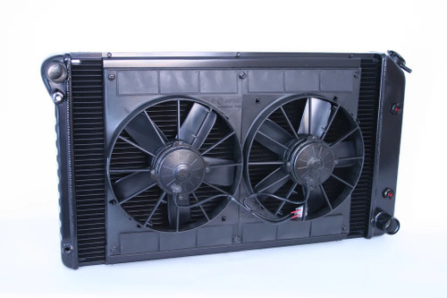 Radiator and Fan - Pro-Series - 31 in W x 18.5 in H x 3.25 in D - Dual Fans - Driver Side Inlet - Passenger Side Outlet - Automatic Transmission - Aluminum - Black Paint - GM F-Body 1970-81 - Kit Radiator and Fan - Pro-Series - 31 in W x 18.5 in H x 3.25 in D - Dual Fans - Driver Side Inlet - Passenger Side Outlet - Automatic Transmission - Aluminum - Black Paint - GM F-Body 1970-81 - Kit