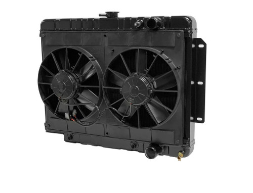 Radiator and Fan - Pro-Series - 28 in W x 20.5 in H x 3 in D - Dual Fans - Passenger Side Inlet - Passenger Side Outlet - Automatic Transmission - Aluminum - Black Paint - GM B-Body 1959-64 - Kit