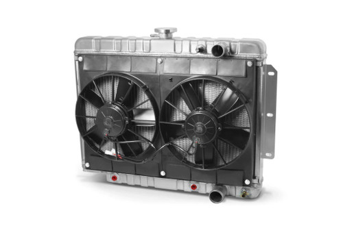 Radiator and Fan - Direct Fit - 28 in W x 20.5 in H x 3 in D - Dual Fans - Passenger Side Inlet - Passenger Side Outlet - Automatic Transmission - Aluminum - Natural - GM B-Body 1959-64 - Kit Radiator and Fan - Direct Fit - 28 in W x 20.5 in H x 3 in D - Dual Fans - Passenger Side Inlet - Passenger Side Outlet - Automatic Transmission - Aluminum - Natural - GM B-Body 1959-64 - Kit