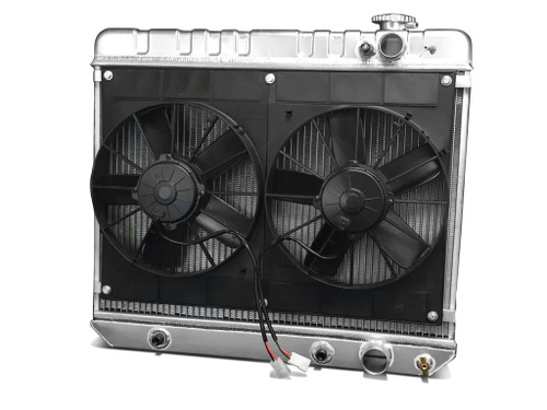 Radiator and Fan - Direct Fit - 25.5 in W x 22.75 in H x 6.75 in D - Dual Fans - Passenger Side Inlet - Passenger Side Outlet - Automatic Transmission - Aluminum - Natural - GM Fullsize Truck 1963-66 - Kit
