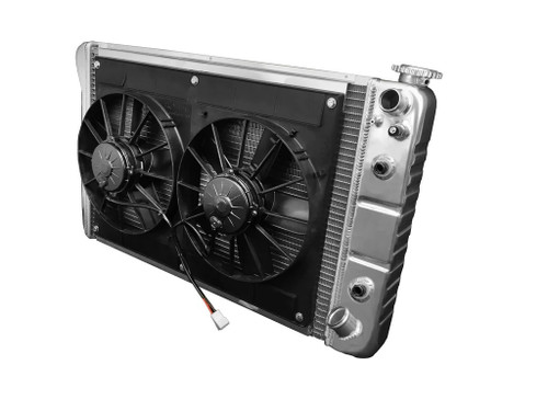 Radiator and Fan - Direct Fit - 33 in W x 18.5 in H x 6.75 in D - Dual Fans - Passenger Side Inlet - Passenger Side Outlet - Automatic Transmission - Aluminum - Natural - GM Fullsize Truck 1967-72 - Kit