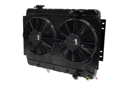 Radiator and Fan - Direct Fit - 32 in W x 18.5 in H x 3.25 in D - Dual Fans - Passenger Side Inlet - Passenger Side Outlet - Automatic Transmission - Aluminum - Black Paint - GM A-Body 1968-72 - Kit Radiator and Fan - Direct Fit - 32 in W x 18.5 in H x 3.25 in D - Dual Fans - Passenger Side Inlet - Passenger Side Outlet - Automatic Transmission - Aluminum - Black Paint - GM A-Body 1968-72 - Kit