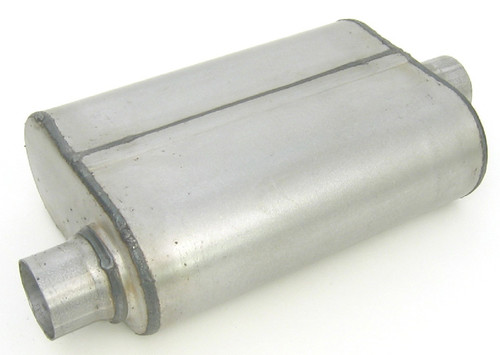 Muffler - Thrush Welded - 3 in Offset Inlet - 3 in Center Outlet - 13 x 4 x 9.5 in Oval Body - 19 in Long - Steel - Aluminized - Universal - Each