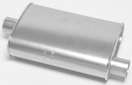 Muffler - Thrush Turbo - 2.5 in Offset Inlet - 2.5 in Center Outlet - 14 x 4.25 x 9.75 in Oval Body - 18.5 in Long - Steel - Aluminized - Universal - Each