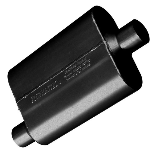 Muffler - Original 40 Series - 2.25 in Offset Inlet - 2.25 in Center Outlet - 13 x 9.5 x 4 in Oval Body - 19.40 in Long - Steel - Black Paint - Universal - Each Muffler - Original 40 Series - 2.25 in Offset Inlet - 2.25 in Center Outlet - 13 x 9.5 x 4 in Oval Body - 19.40 in Long - Steel - Black Paint - Universal - Each