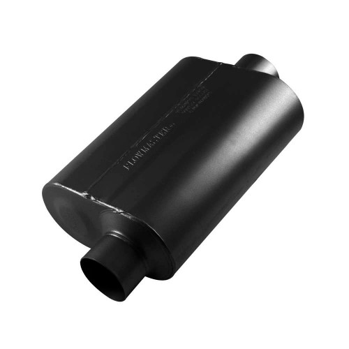 Muffler - Super 40 Series - 3 in Offset Inlet - 3 in Center Outlet - 13.5 x 10 x 5 in Oval Body - 19.5 in Long - Stainless - Black Paint - Universal - Each Muffler - Super 40 Series - 3 in Offset Inlet - 3 in Center Outlet - 13.5 x 10 x 5 in Oval Body - 19.5 in Long - Stainless - Black Paint - Universal - Each