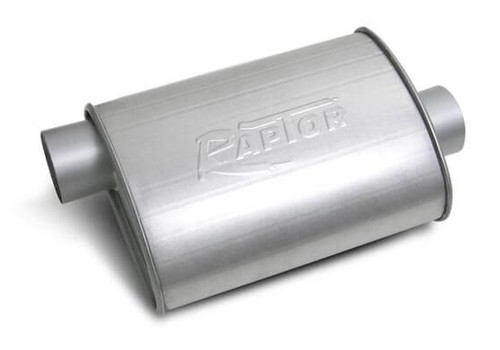 Muffler - Raptor Turbo - 2 in Offset Inlet - 2 in Center Outlet - 13 x 10 x 4.5 in Oval Body - 17 in Long - Steel - Aluminized - Each
