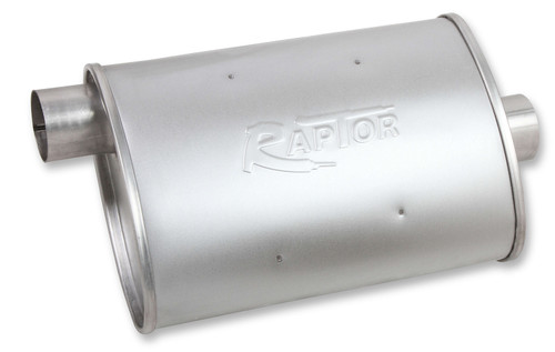 Muffler - Raptor Turbo - 2.25 in Offset Inlet - 2.25 in Center Outlet - 13 x 10 x 4.5 in Oval Body - 17 in Long - Steel - Aluminized - Each Muffler - Raptor Turbo - 2.25 in Offset Inlet - 2.25 in Center Outlet - 13 x 10 x 4.5 in Oval Body - 17 in Long - Steel - Aluminized - Each