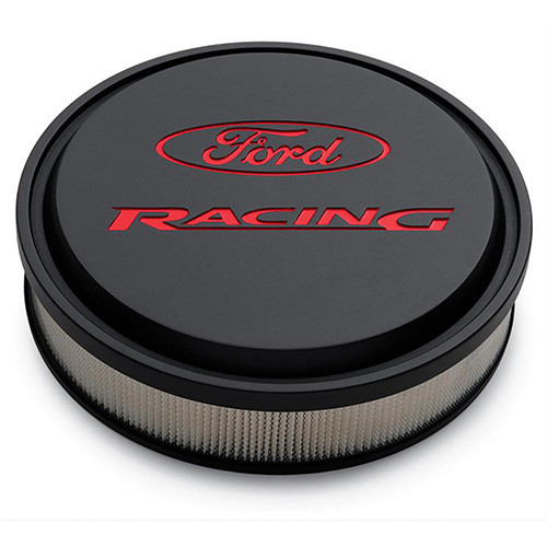 Air Cleaner Assembly - Slant-Edge - 13 in Round - 2.75 in Element - 5-1/8 in Carb Flange - Dropped Base - Red - Ford Racing Logo - Aluminum - Black Crinkle Powder Coat - Kit Air Cleaner Assembly - Slant-Edge - 13 in Round - 2.75 in Element - 5-1/8 in Carb Flange - Dropped Base - Red - Ford Racing Logo - Aluminum - Black Crinkle Powder Coat - Kit