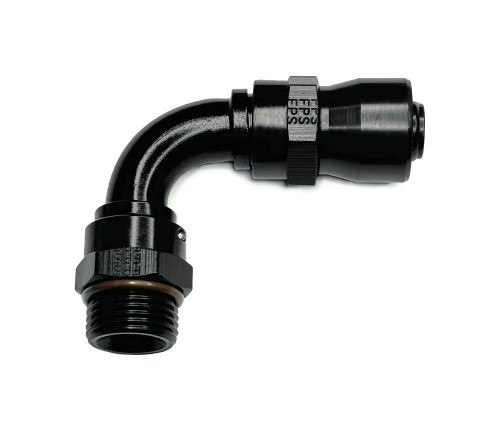 Fitting - Hose End - Sport Crimp - 90 Degree - 12 AN Male O-Ring to 12 AN Hose - Aluminum - Black Anodized - Each