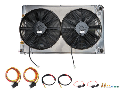 Radiator and Fan - MegaCoolTube - 31.25 in W x 18.62 in H x 6.42 in D - Dual Fans - Passenger Side Inlet - Passenger Side Outlet - Aluminum - Natural - GM A-Body / GM G-Body - Kit