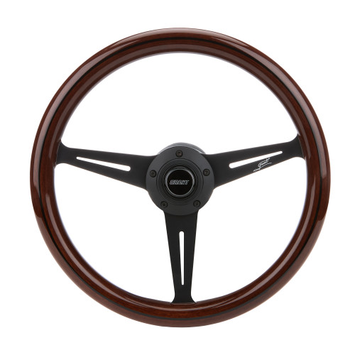 Steering Wheel - Classic Series - 14.5 in Diameter - 1.5 in Dish - 3-Spoke - Mahogany - Wood Grip - Aluminum - Black Anodized - Each